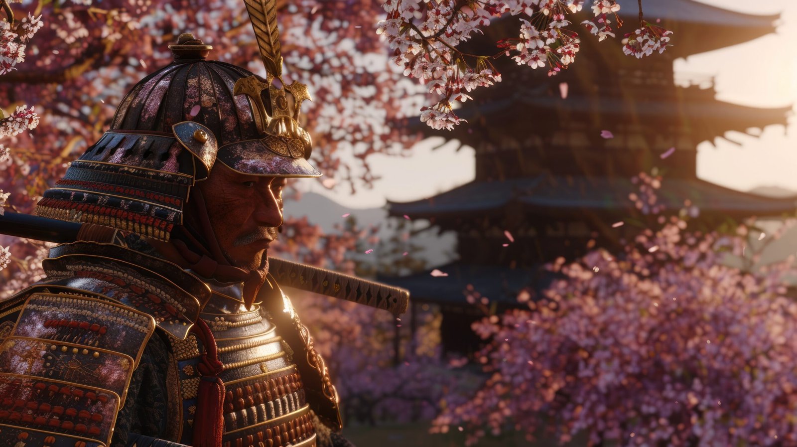 Samurai Warrior in Traditional Armor Amidst Cherry Blossoms Historical Figure with Sword Cult