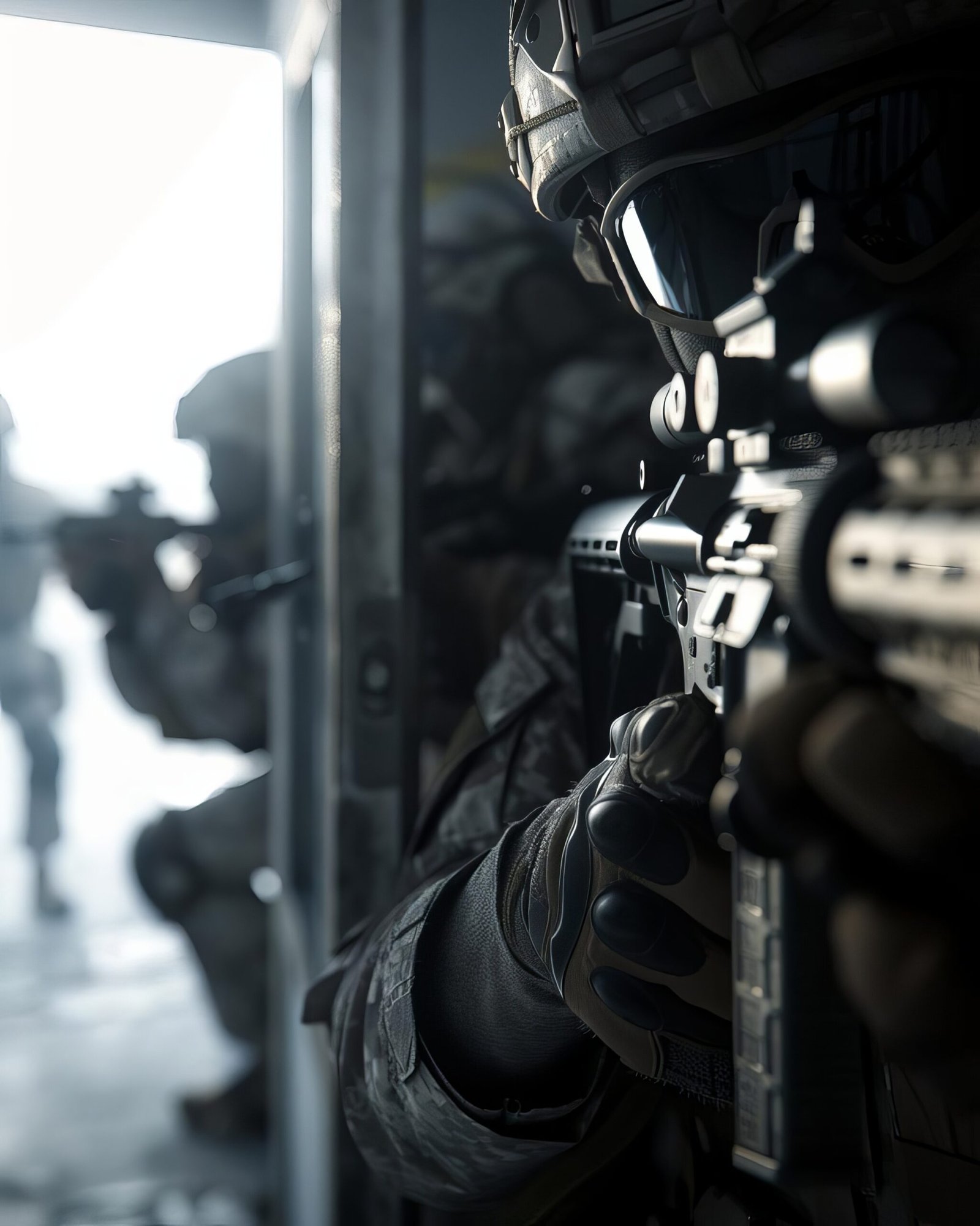 Indoor battle scene with soldiers breaching a door, ready for close quarters combat