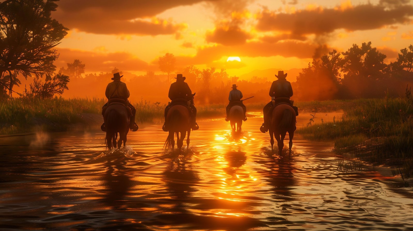 Four Cowboys Riding Through a River at Sunset